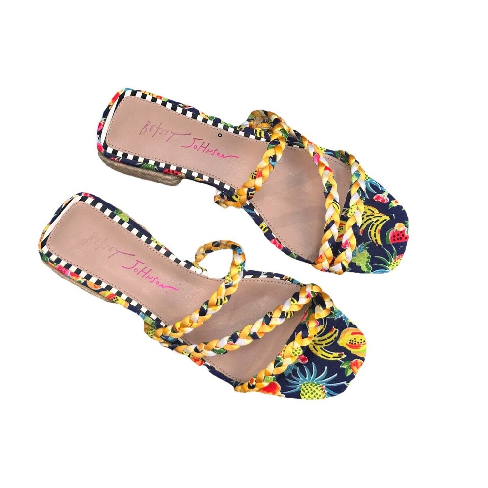 Betsy Johnson Womens Size 6 Grovee Yellow Multi Woven Slip On Block Sandals - Picture 2 of 10